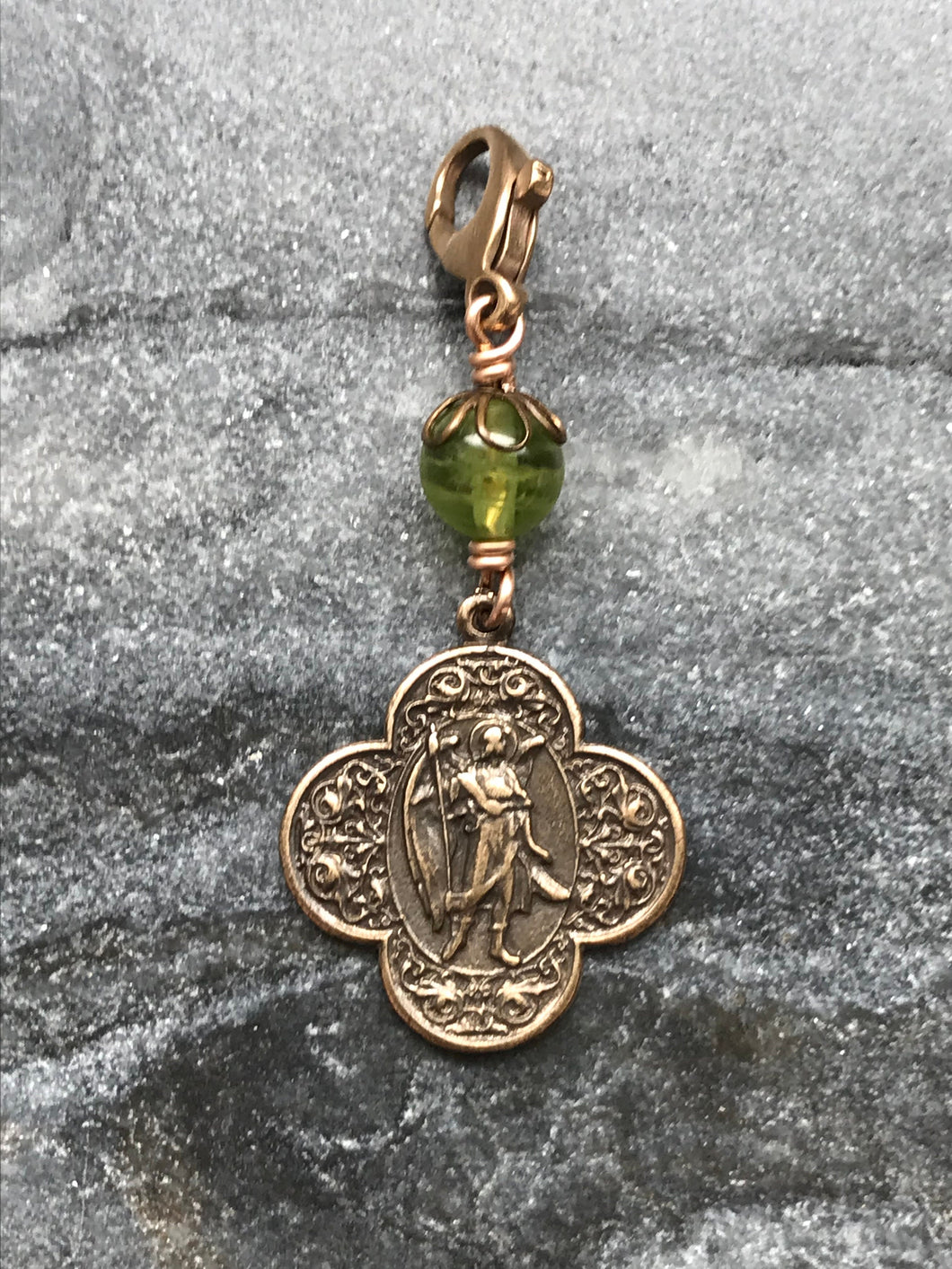 Bag Charm  Saint Raphael Zipper Pull - Bronze and Peridot