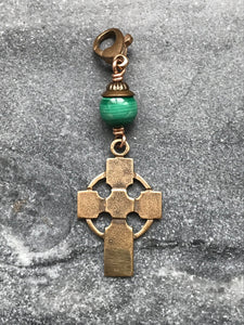 Bag Charm  Celtic Cross Zipper Pull - Bronze and Malachite