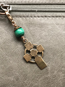 Bag Charm  Celtic Cross Zipper Pull - Bronze and Malachite