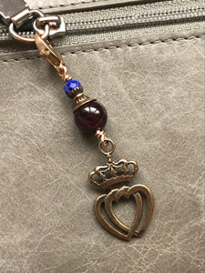 Bag Charm  Two Hearts Zipper Pull - Bronze and Garnet