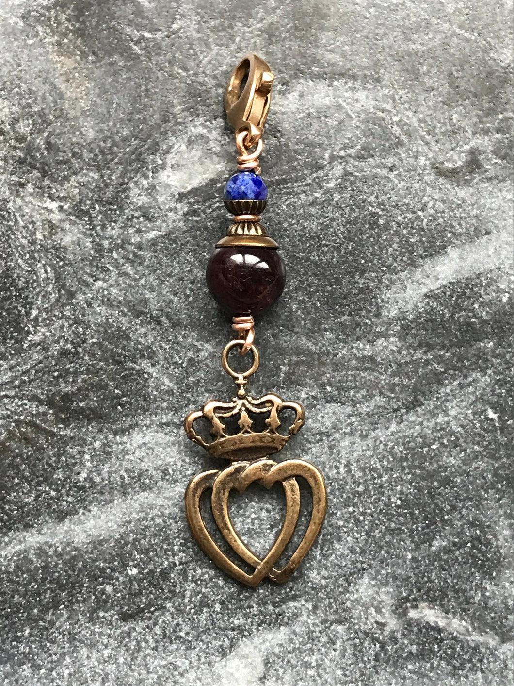 Bag Charm  Two Hearts Zipper Pull - Bronze and Garnet