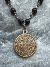 Load image into Gallery viewer, Saint Benedict Rosary Necklace - Onyx and Bronze
