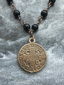 Saint Benedict Rosary Necklace - Onyx and Bronze