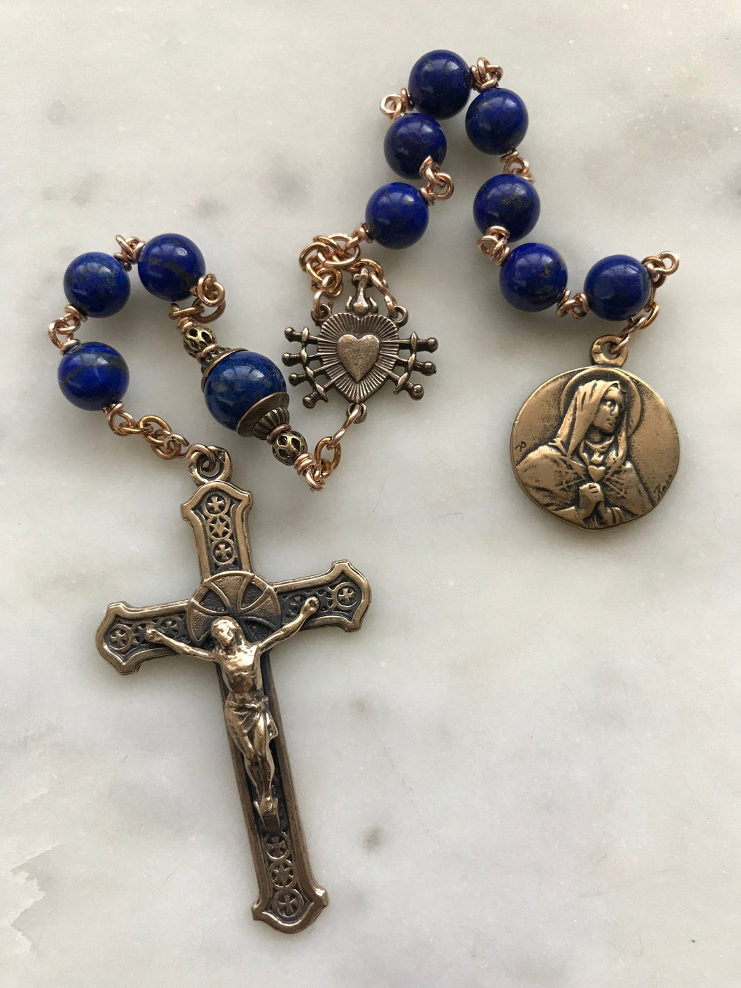 Pocket Servite Rosary - AAA Lapis - Bronze - Seven Sorrows Chaplet - Our Lady of Sorrows CeCeAgnes