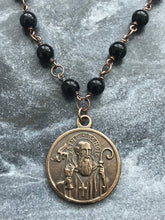 Load image into Gallery viewer, Saint Benedict Rosary Necklace - Onyx and Bronze
