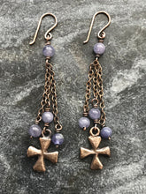 Load image into Gallery viewer, Cross Bronze and Tanzanite Earrings

