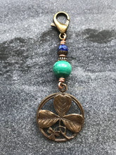 Load image into Gallery viewer, Bag Charm Shamrock Trinity Irish Zipper Pull - Bronze and Malachite
