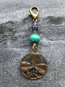 Bag Charm Shamrock Trinity Irish Zipper Pull - Bronze and Malachite