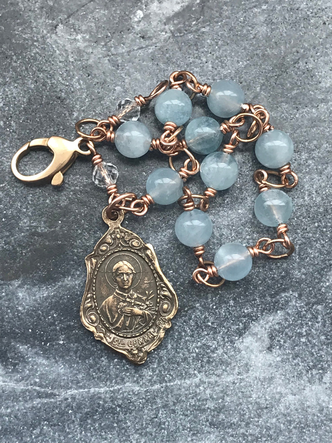 Saints Gemma and Gerard Bronze Rosary Bracelet - Aquamarine Gemstones