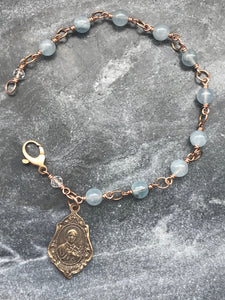 Saints Gemma and Gerard Bronze Rosary Bracelet - Aquamarine Gemstones