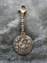 Load image into Gallery viewer, Bag Charm Presentation in the Temple Zipper Pull - Bronze and Labradorite
