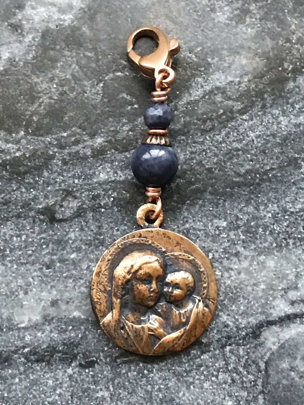 Bag Charm Our Lady of Good Counsel Zipper Pull - Bronze and Sapphire - Saint Augustine