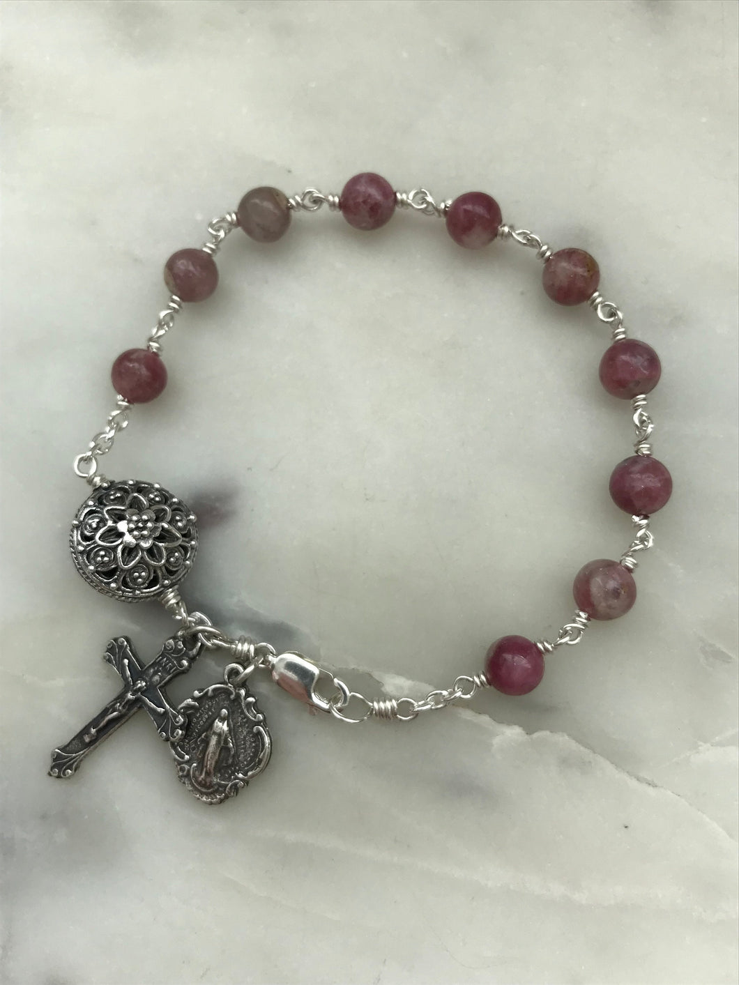 Pink Tourmaline Rosary Bracelet - All Sterling - Wire-wrapped CeCeAgnes