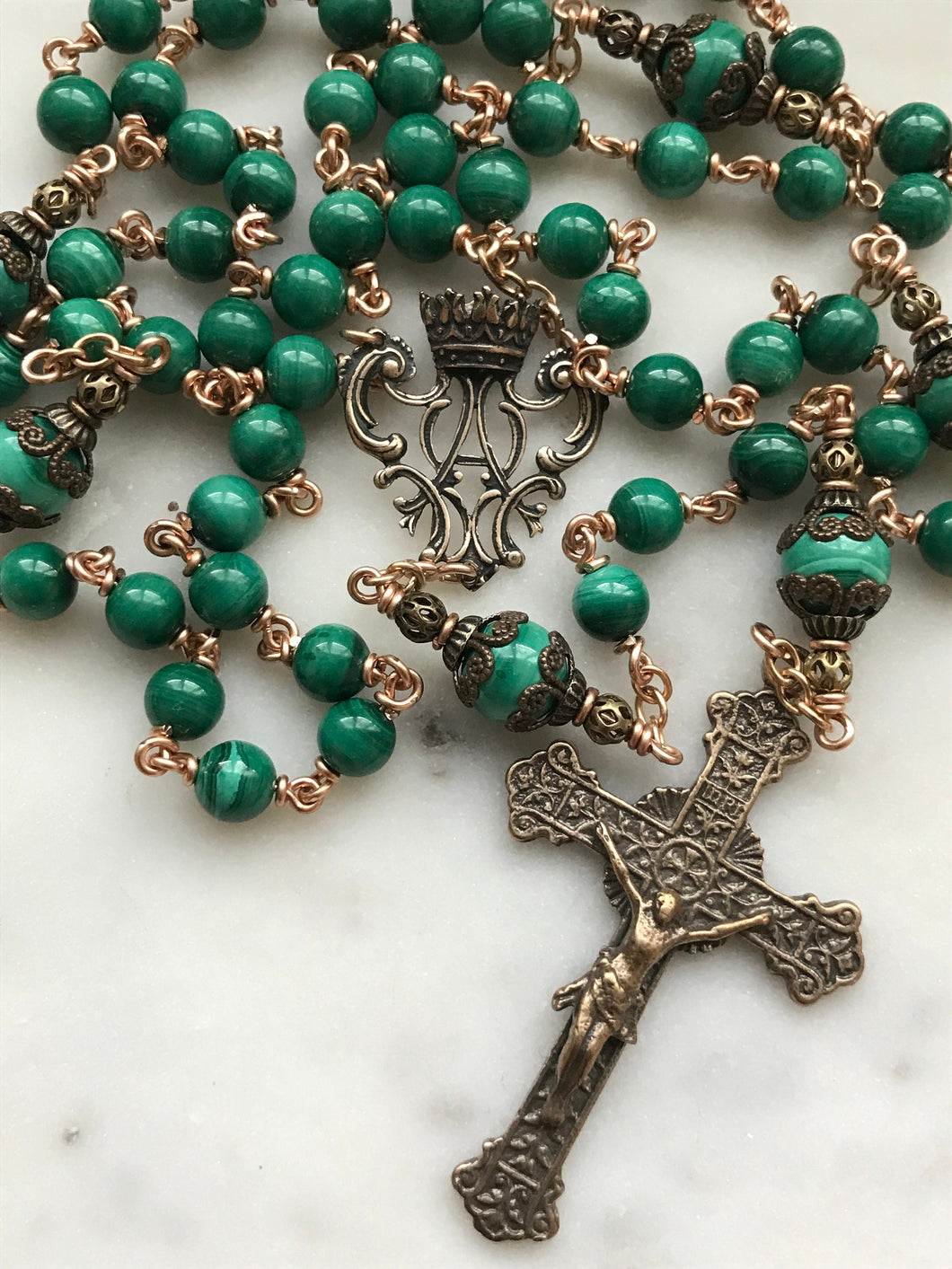 Beautiful Green Malachite Rosary - Bronze CeCeAgnes