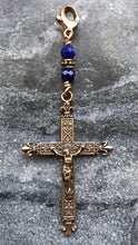 Load image into Gallery viewer, Bag Charm French Crucifix Zipper Pull - Bronze and Lapis
