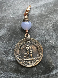 Bag Charm Saint Michael Zipper Pull - Bronze and Blue Lace Agate - Guardian Angel