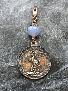 Bag Charm Saint Michael Zipper Pull - Bronze and Blue Lace Agate - Guardian Angel