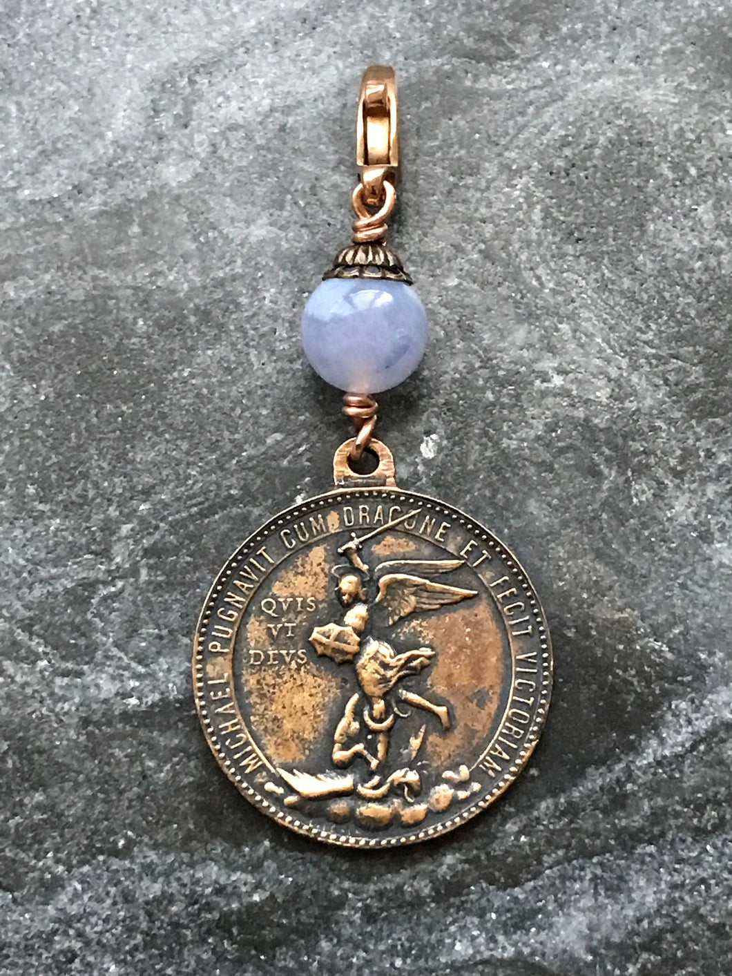 Bag Charm Saint Michael Zipper Pull - Bronze and Blue Lace Agate - Guardian Angel