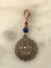 Load image into Gallery viewer, Bag Charm  Sacred and Immaculate Hearts Zipper Pull - Bronze and Lapis and Carnelian
