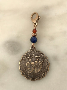 Bag Charm  Sacred and Immaculate Hearts Zipper Pull - Bronze and Lapis and Carnelian