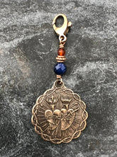 Load image into Gallery viewer, Bag Charm  Sacred and Immaculate Hearts Zipper Pull - Bronze and Lapis and Carnelian
