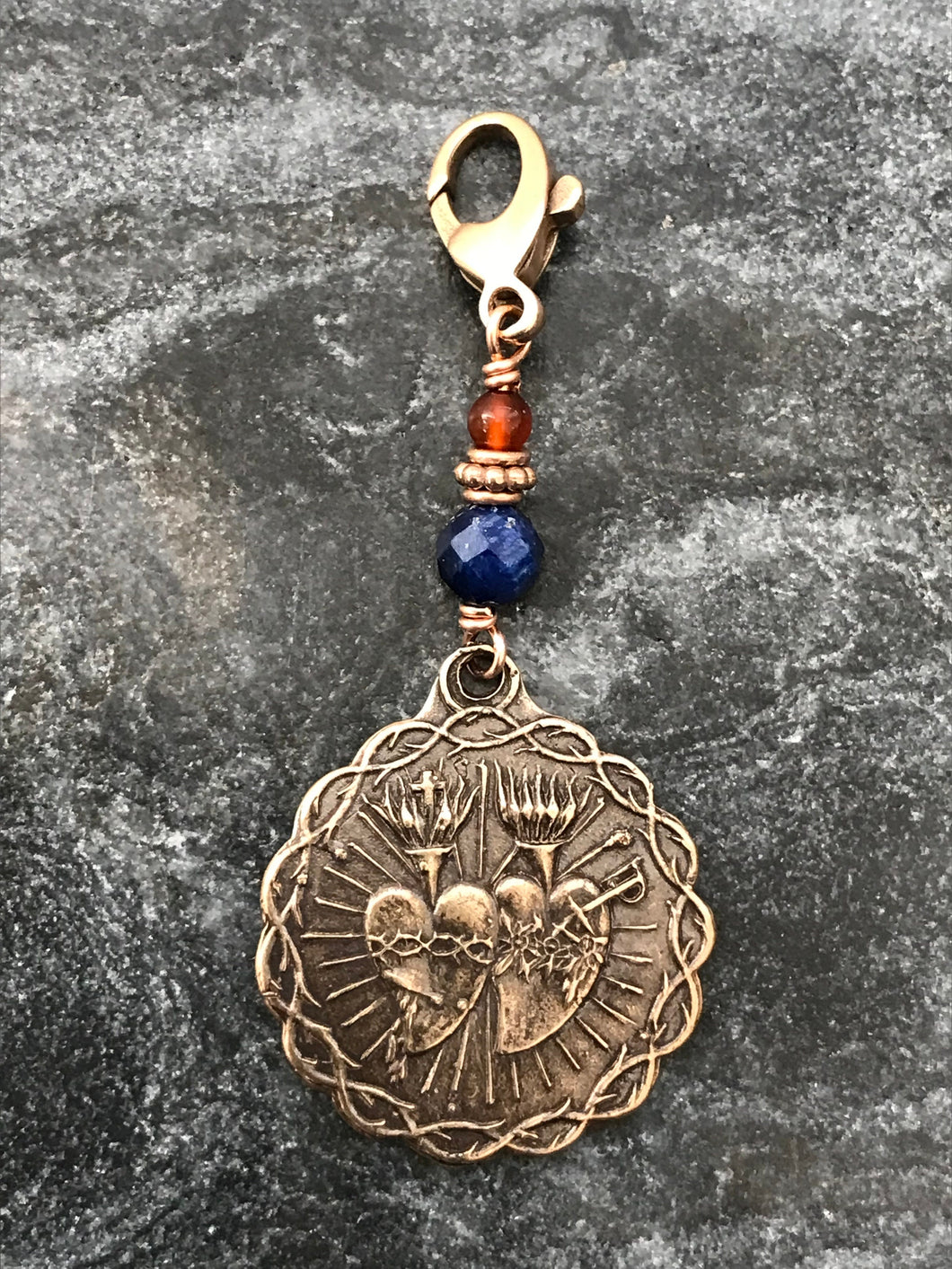 Bag Charm  Sacred and Immaculate Hearts Zipper Pull - Bronze and Lapis and Carnelian