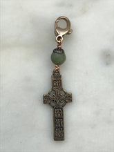 Load image into Gallery viewer, Bag Charm Celtic Cross Irish Zipper Pull - Bronze and Connemara Marble
