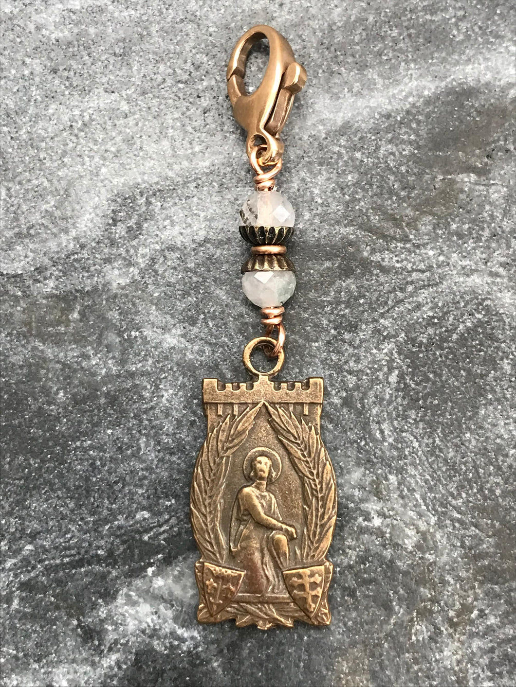 Bag Charm Joan of Arc Zipper Pull - Bronze and Moonstone