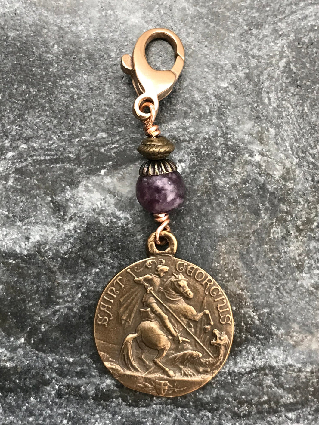 Bag Charm - Saint George Zipper Pull - Bronze and Purple Lepidolite