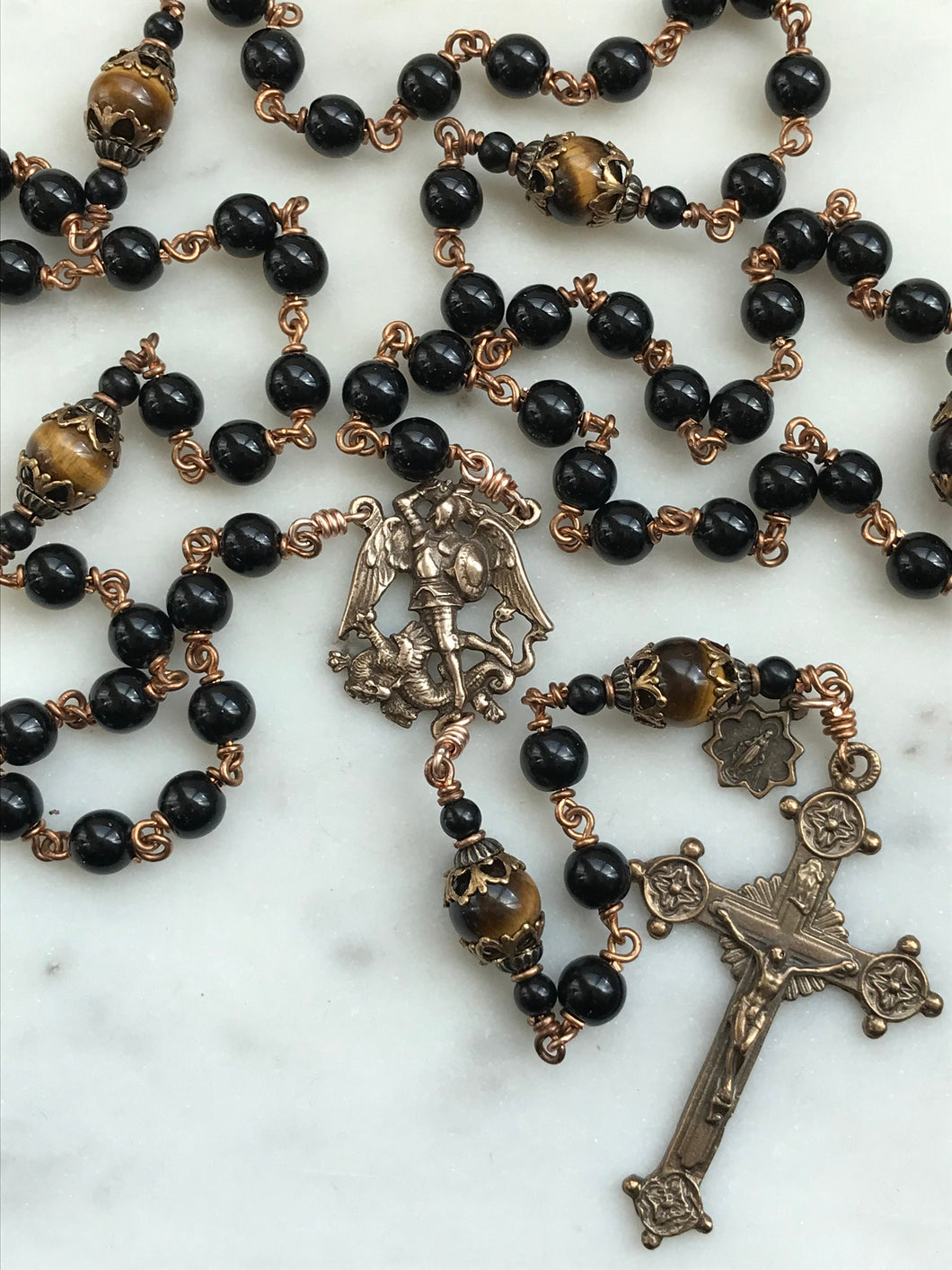 Black Onyx Rosary - Saint Michael - Bronze Medals CeCeAgnes