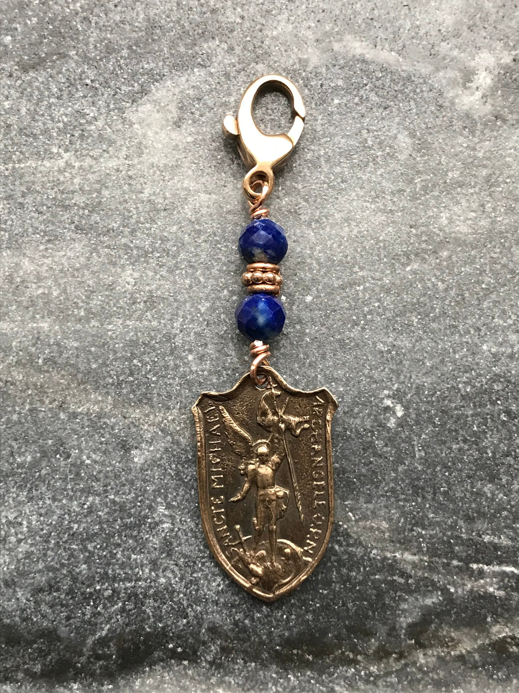 Bag Charm Saint Michael Zipper Pull - Bronze and Lapis