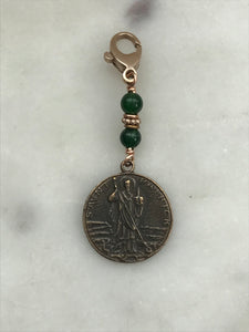 Bag Charm - Saint Patrick Irish Zipper Pull - Bronze and Green Jade