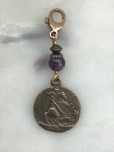 Load image into Gallery viewer, Bag Charm - Saint George Zipper Pull - Bronze and Purple Lepidolite
