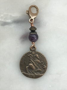 Bag Charm - Saint George Zipper Pull - Bronze and Purple Lepidolite