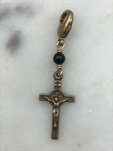 Load image into Gallery viewer, Petite Bag Charm - Saint Benedict Crucifix Zipper Pull - Bronze and Black Tourmaline
