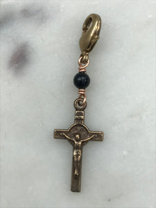 Petite Bag Charm - Saint Benedict Crucifix Zipper Pull - Bronze and Black Tourmaline