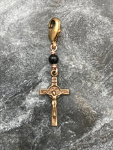 Load image into Gallery viewer, Petite Bag Charm - Saint Benedict Crucifix Zipper Pull - Bronze and Black Tourmaline
