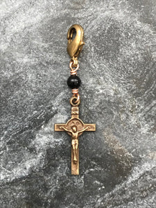 Petite Bag Charm - Saint Benedict Crucifix Zipper Pull - Bronze and Black Tourmaline