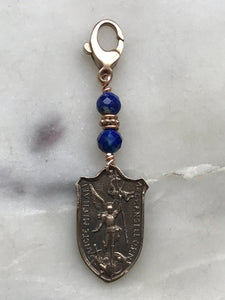 Bag Charm Saint Michael Zipper Pull - Bronze and Lapis