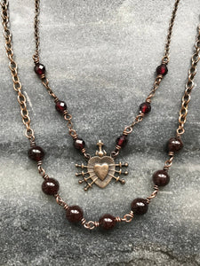 Seven Sorrows Necklace- OL of Sorrows, Garnet Gemstones and Bronze