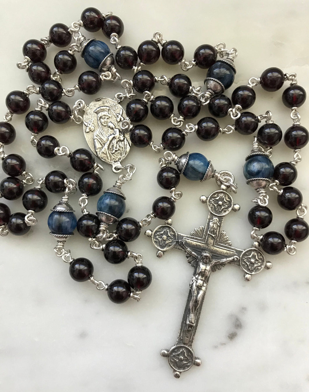 Beautiful Garnet and Sterling Silver Rosary - Marian Blue and Blood Red CeCeAgnes