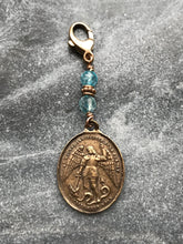 Load image into Gallery viewer, Bag Charm Saint Michael Zipper Pull - Bronze and Blue Topaz
