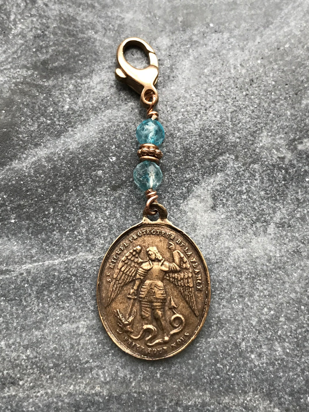 Bag Charm Saint Michael Zipper Pull - Bronze and Blue Topaz