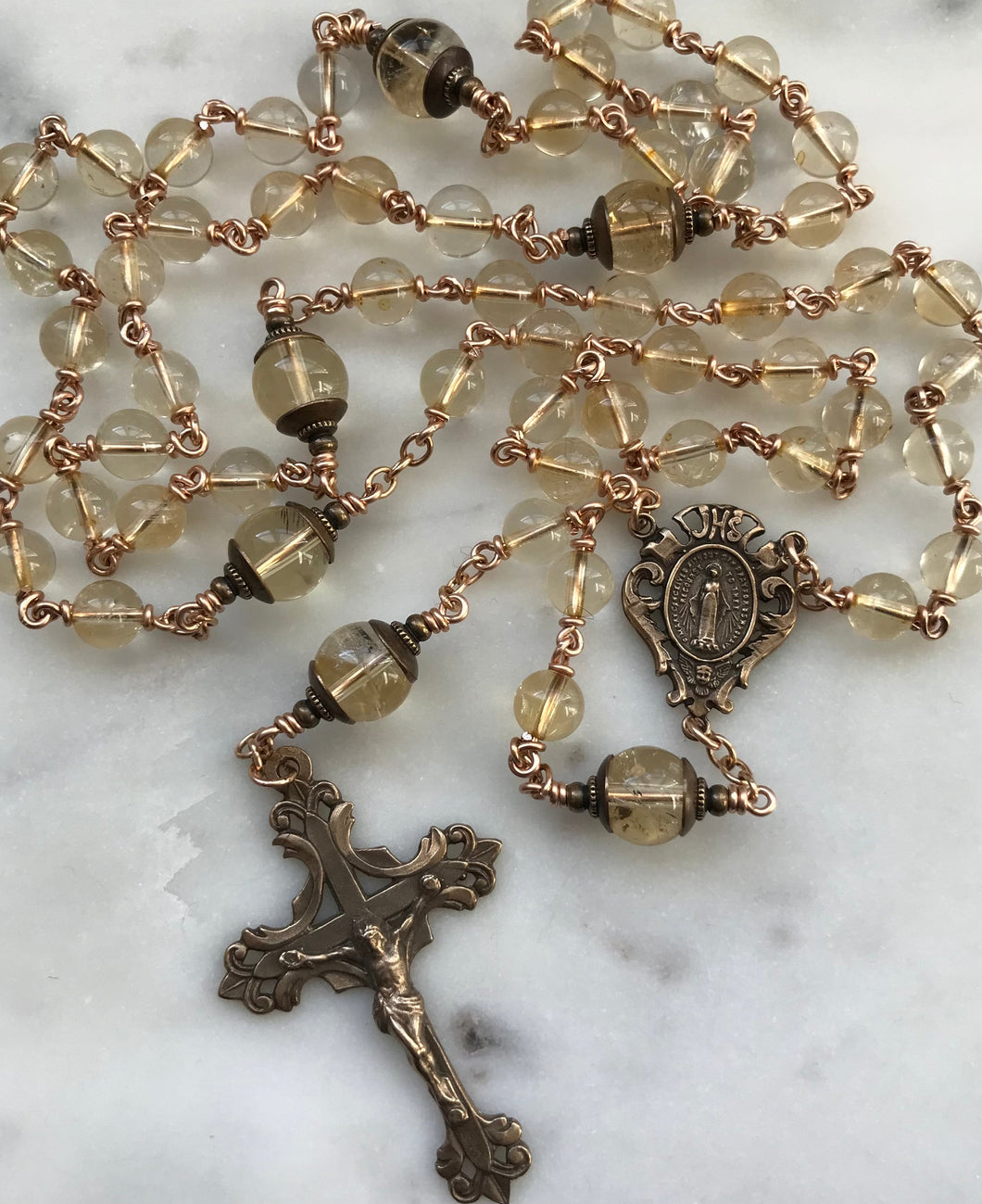 Citrine Rosary - Bronze - Gemstone - Antique Reproduction Medals - wire-wrapped CeCeAgnes