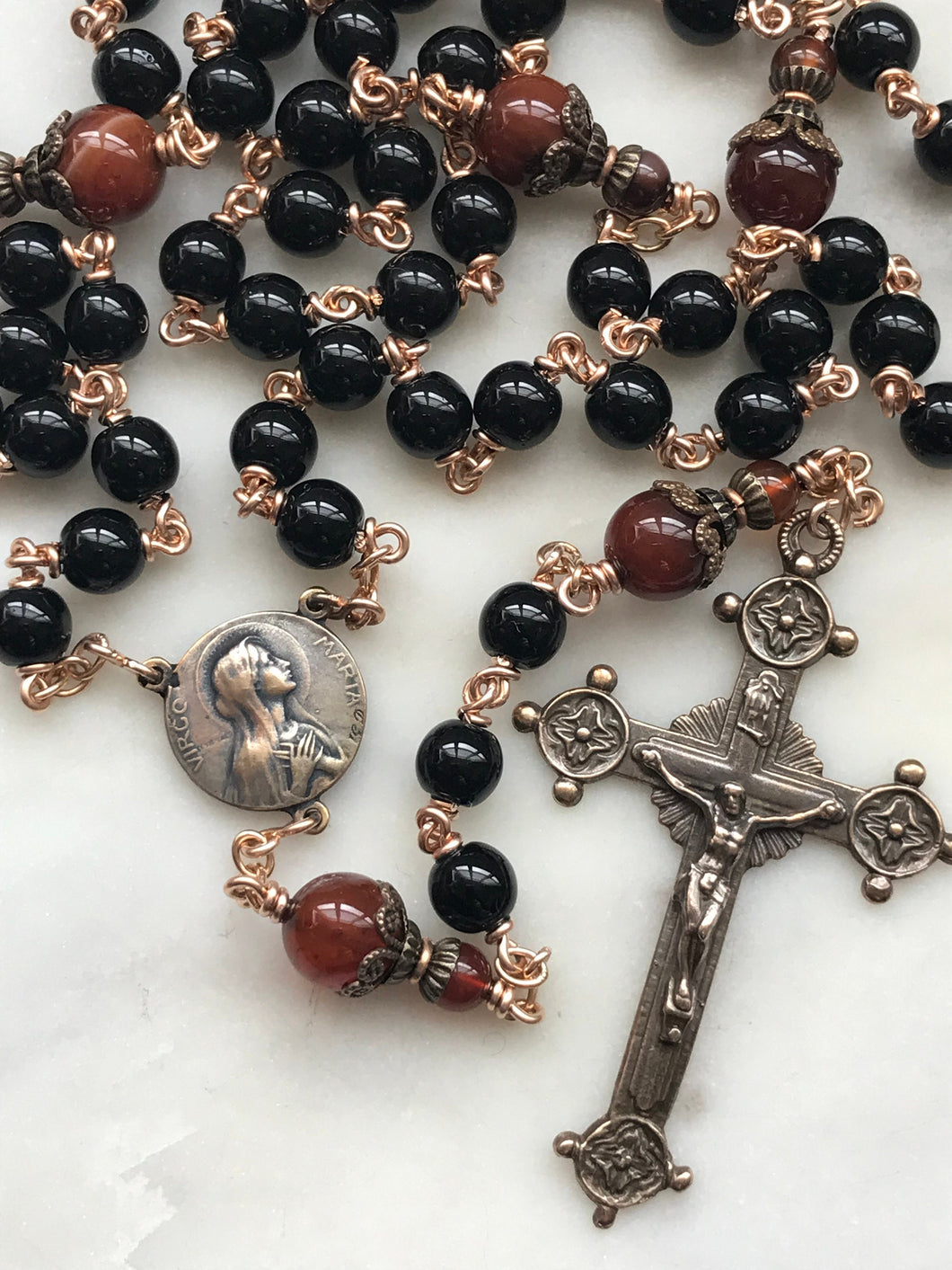 Black Onyx Rosary - Bronze Medals - Virgo Maria CeCeAgnes