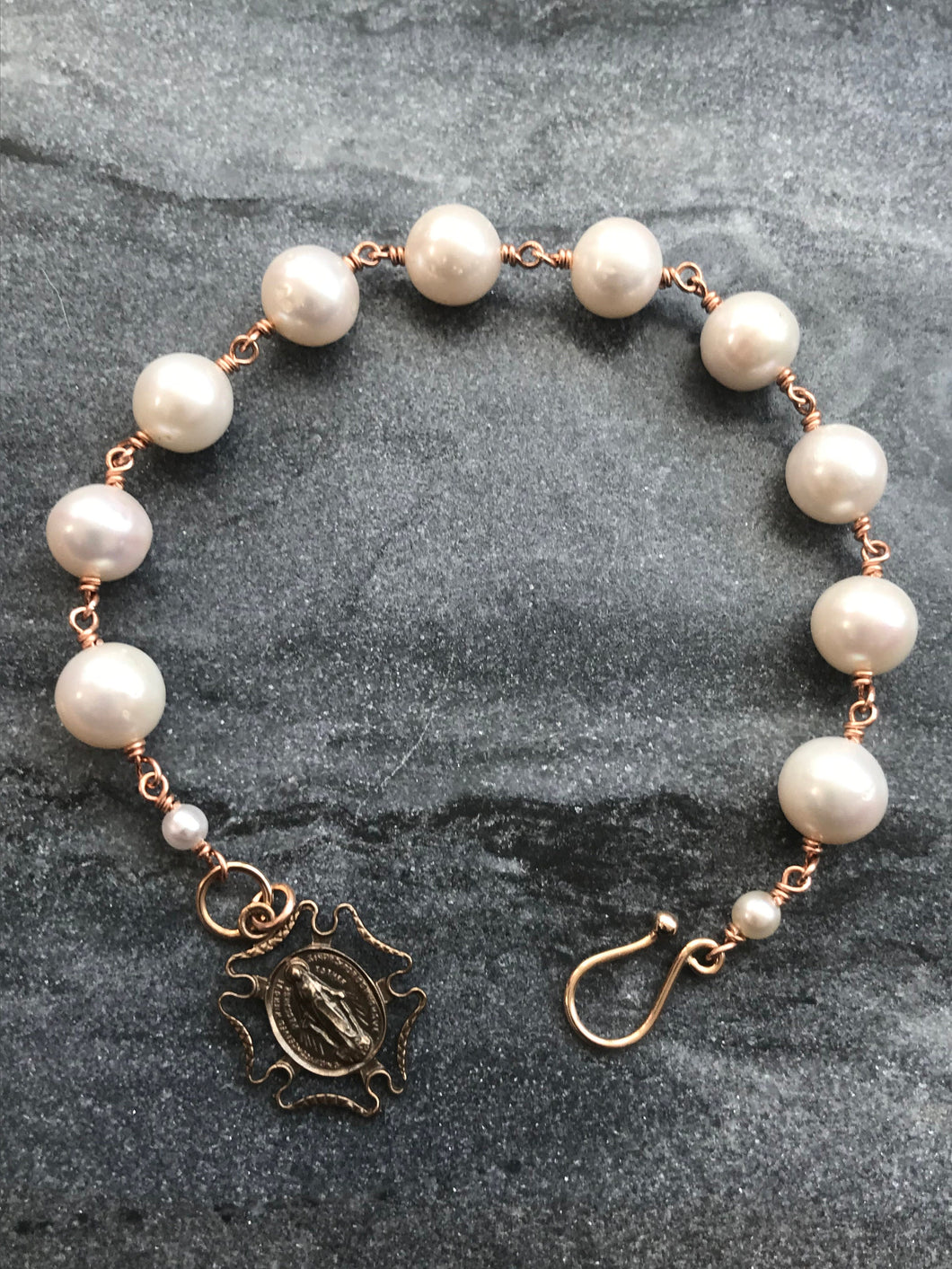 Pearl Bronze Rosary Bracelet - Miraculous Medal