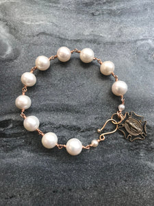 Pearl Bronze Rosary Bracelet - Miraculous Medal