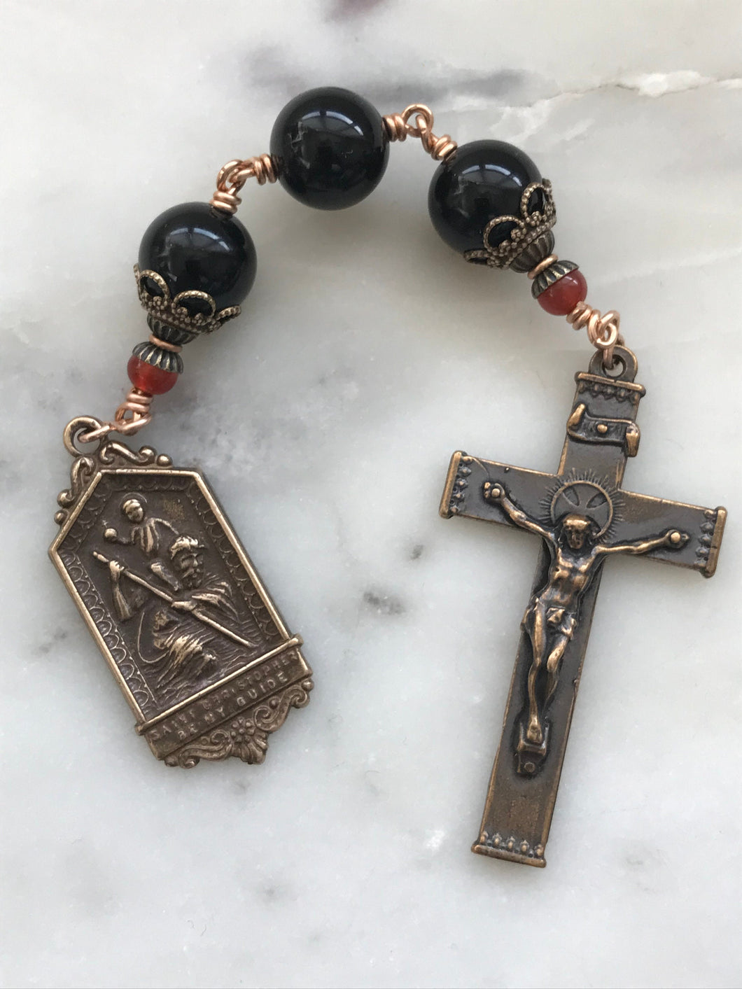 Three Hail Mary Chaplet - Saint Christopher  - Onyx and Bronze CeCeAgnes