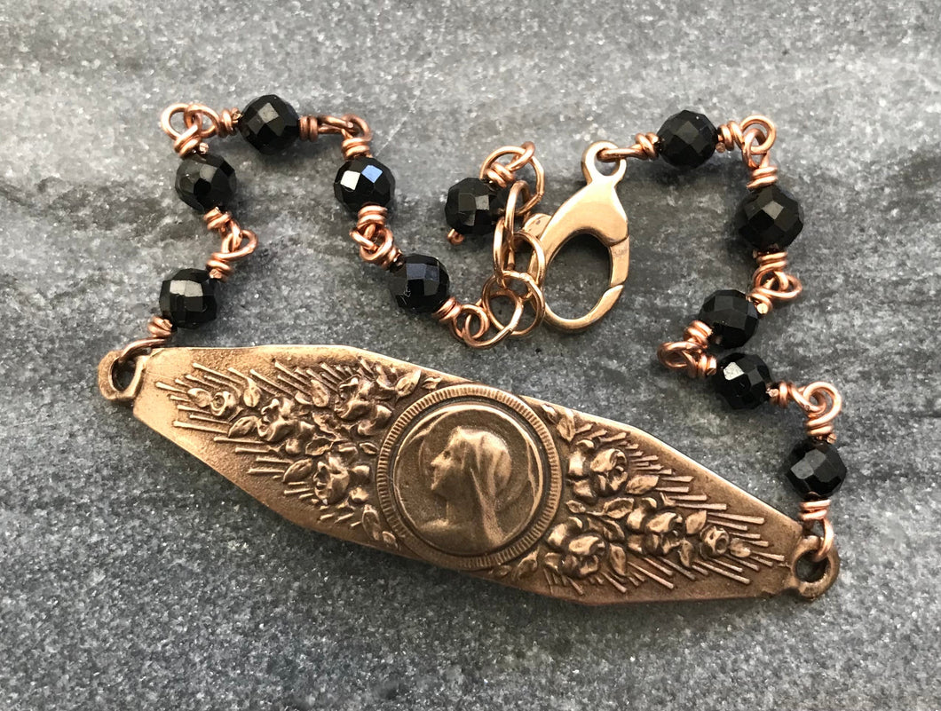 Virgin Mary Bracelet - Black Tourmaline Gemstones - Bronze