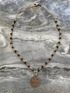 Saint Benedict Beaded Necklace, Black Tourmaline Gemstones and Bronze